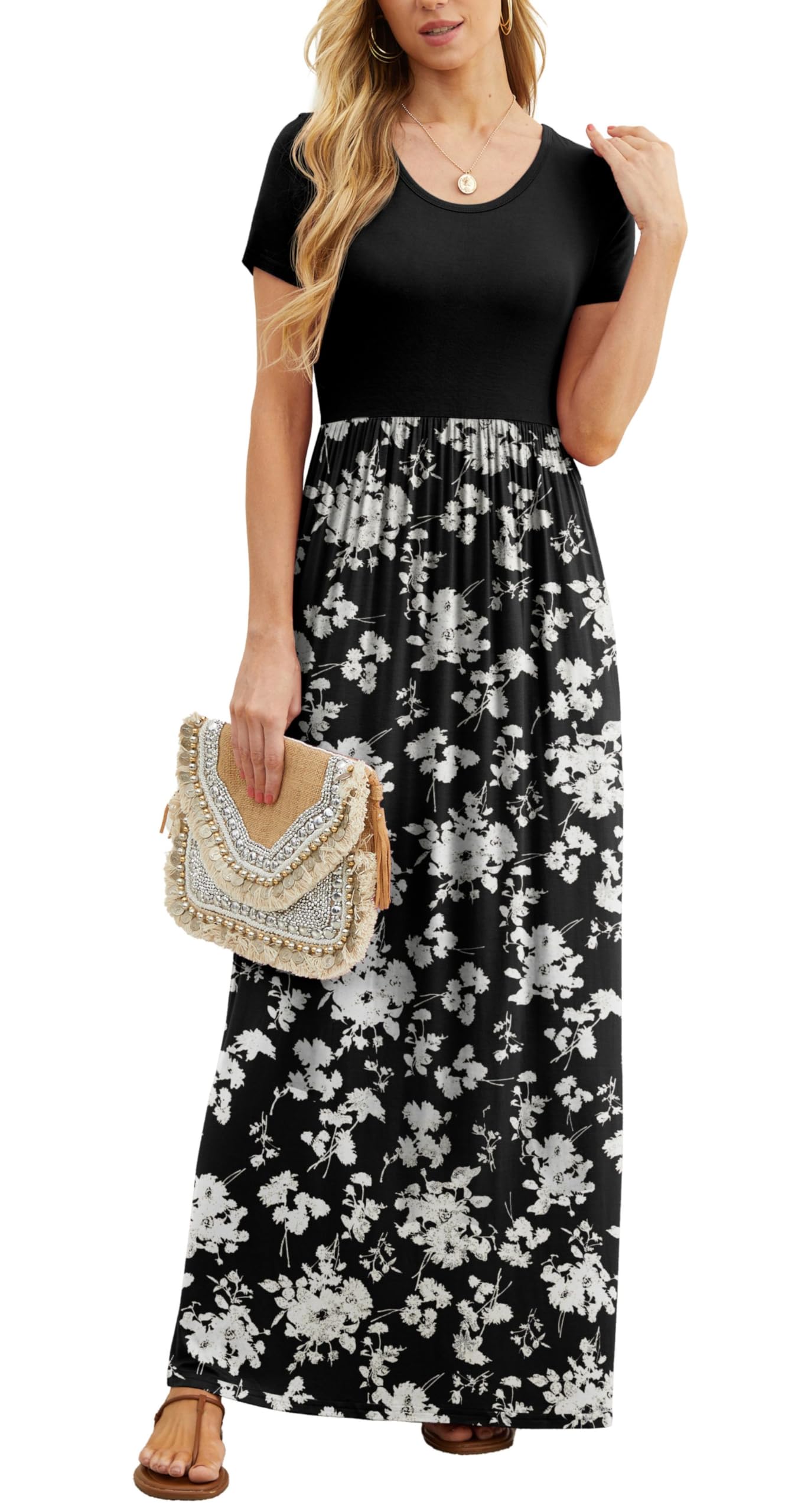 Vestido Maxi Bridget Mulher – Gola Redonda Lisa, Corte Fluido e Cintura Alta com Bolsos Verão