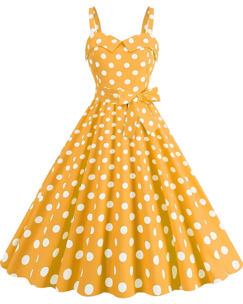 Rosie Robe Femme – Robe Midi Vintage Pois Col V Sans Manches Taille Haute Rockabilly Chic
