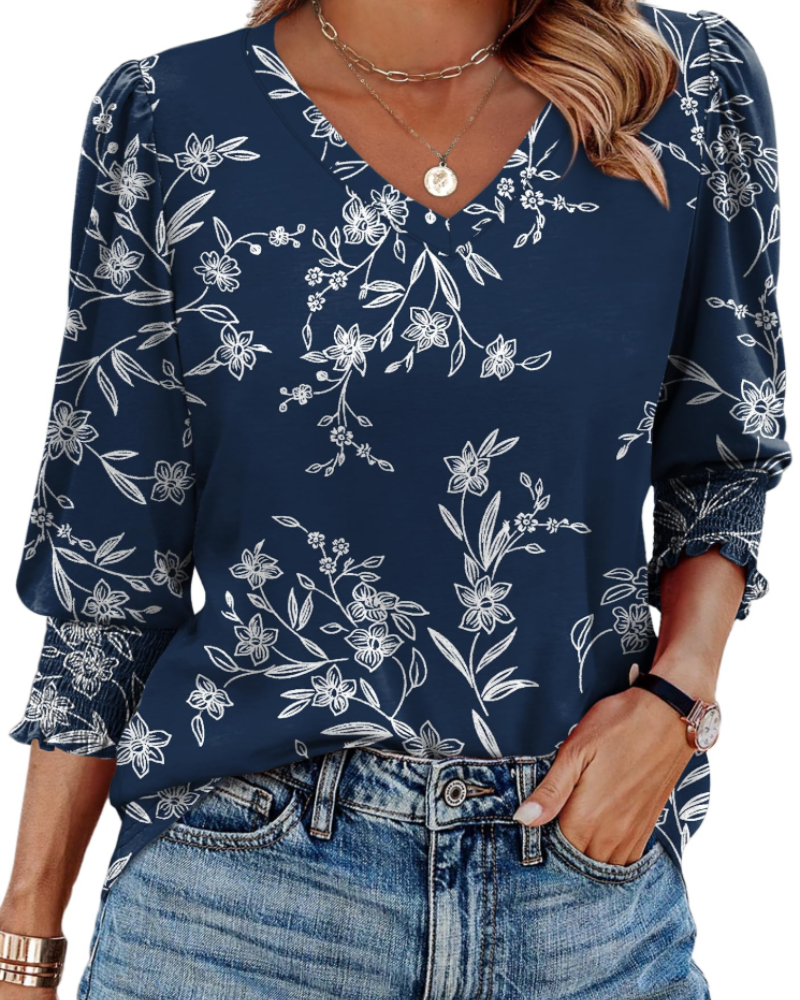 Blusa Veda Mulher – Top com Decote em V, Mangas 3/4 Bufantes e Punhos Fruncidos Chic