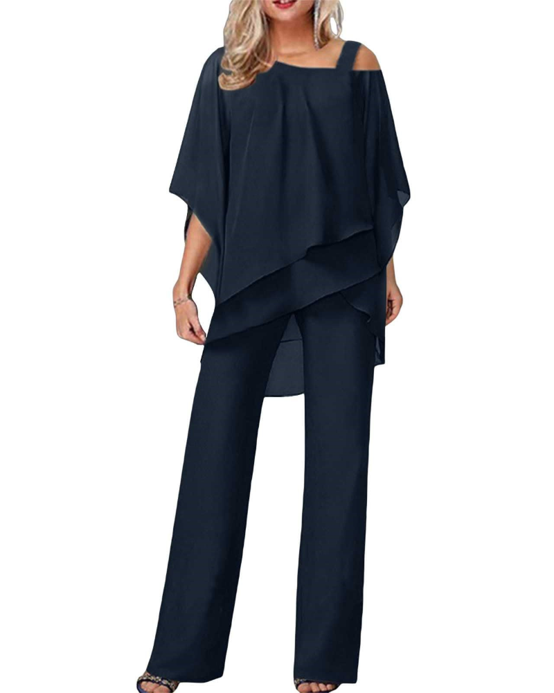 Emma Elegant Kvinde Sæt – Asymmetrisk Top & Flydende Bukser Plus Size