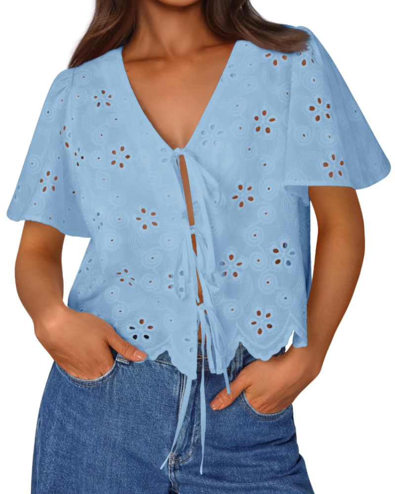 Liora Top Femme Été – Blouse Bohème en Coton Broderie Anglaise avec Nœud, Style Plage Chic