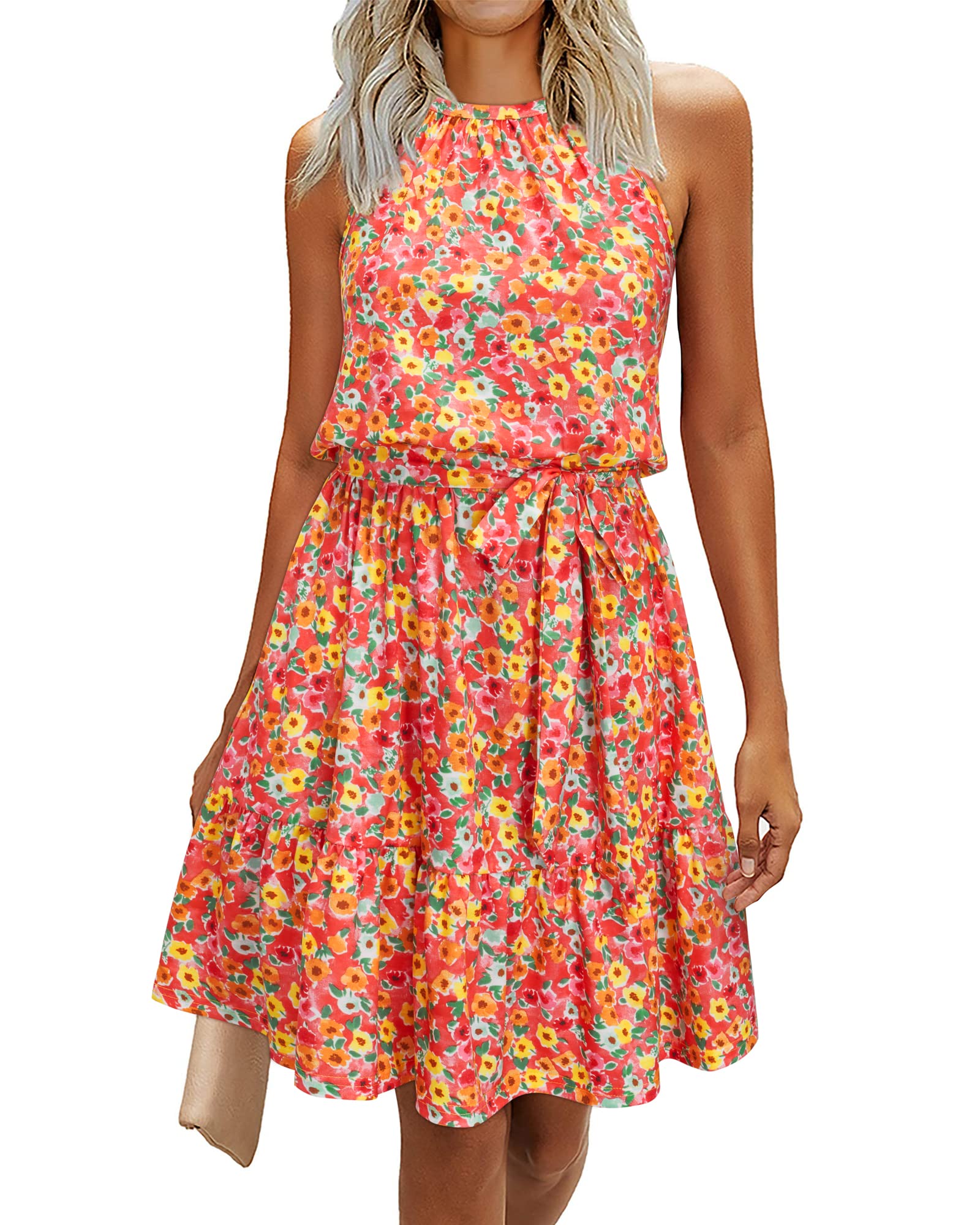 Rosa Robe Femme – Col Halter Sans Manches, Coupe A-Line Midi & Ceinture avec Poches