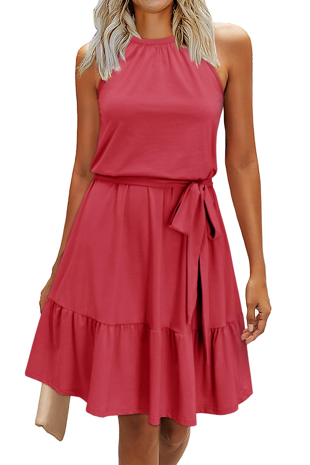 Rosa Robe Femme – Col Halter Sans Manches, Coupe A-Line Midi & Ceinture avec Poches