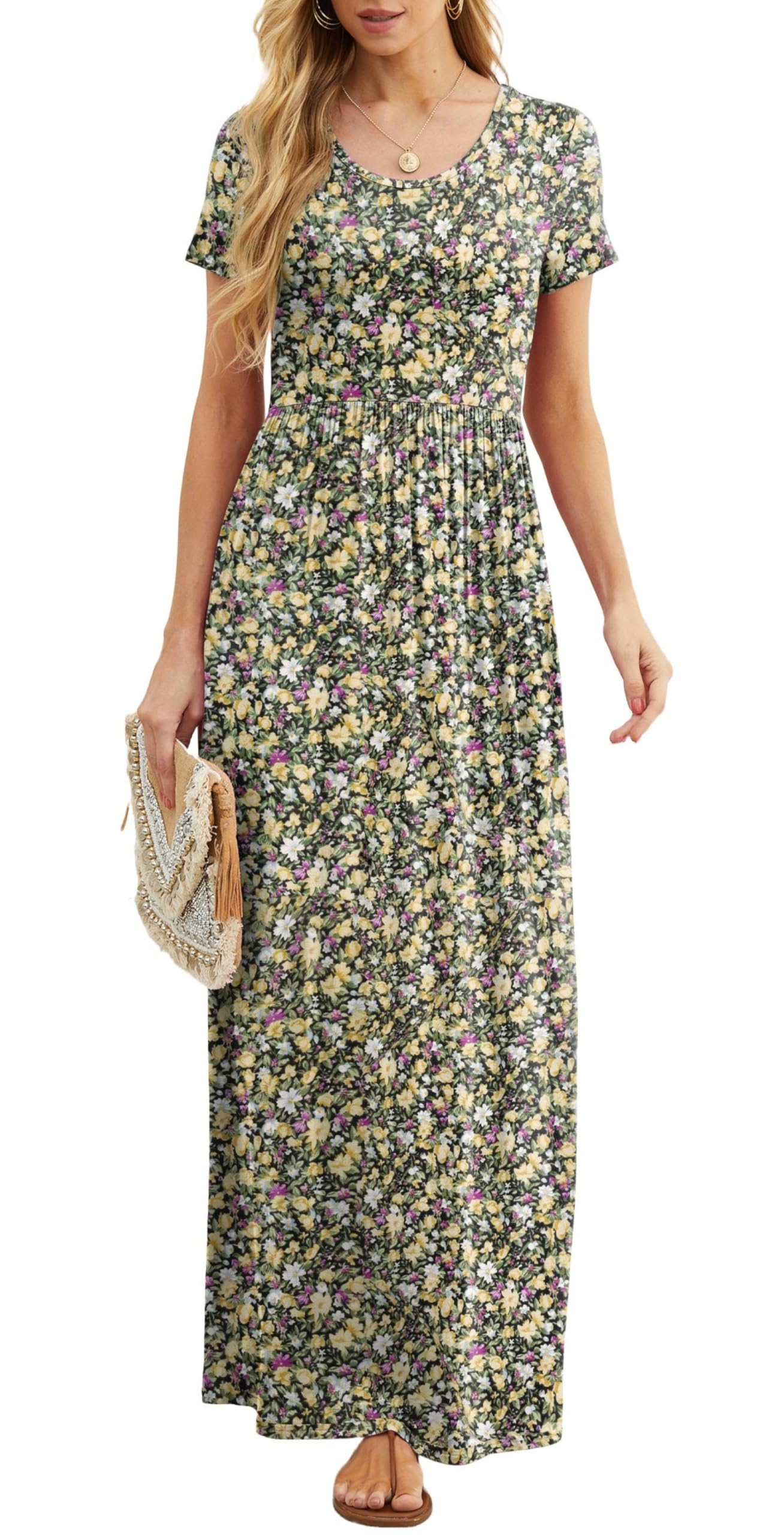 Vestido Maxi Bridget Mulher – Gola Redonda Lisa, Corte Fluido e Cintura Alta com Bolsos Verão