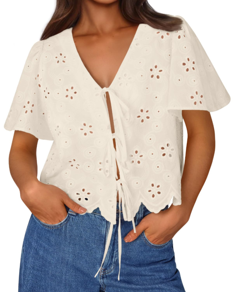 Liora Top Femme Été – Blouse Bohème en Coton Broderie Anglaise avec Nœud, Style Plage Chic