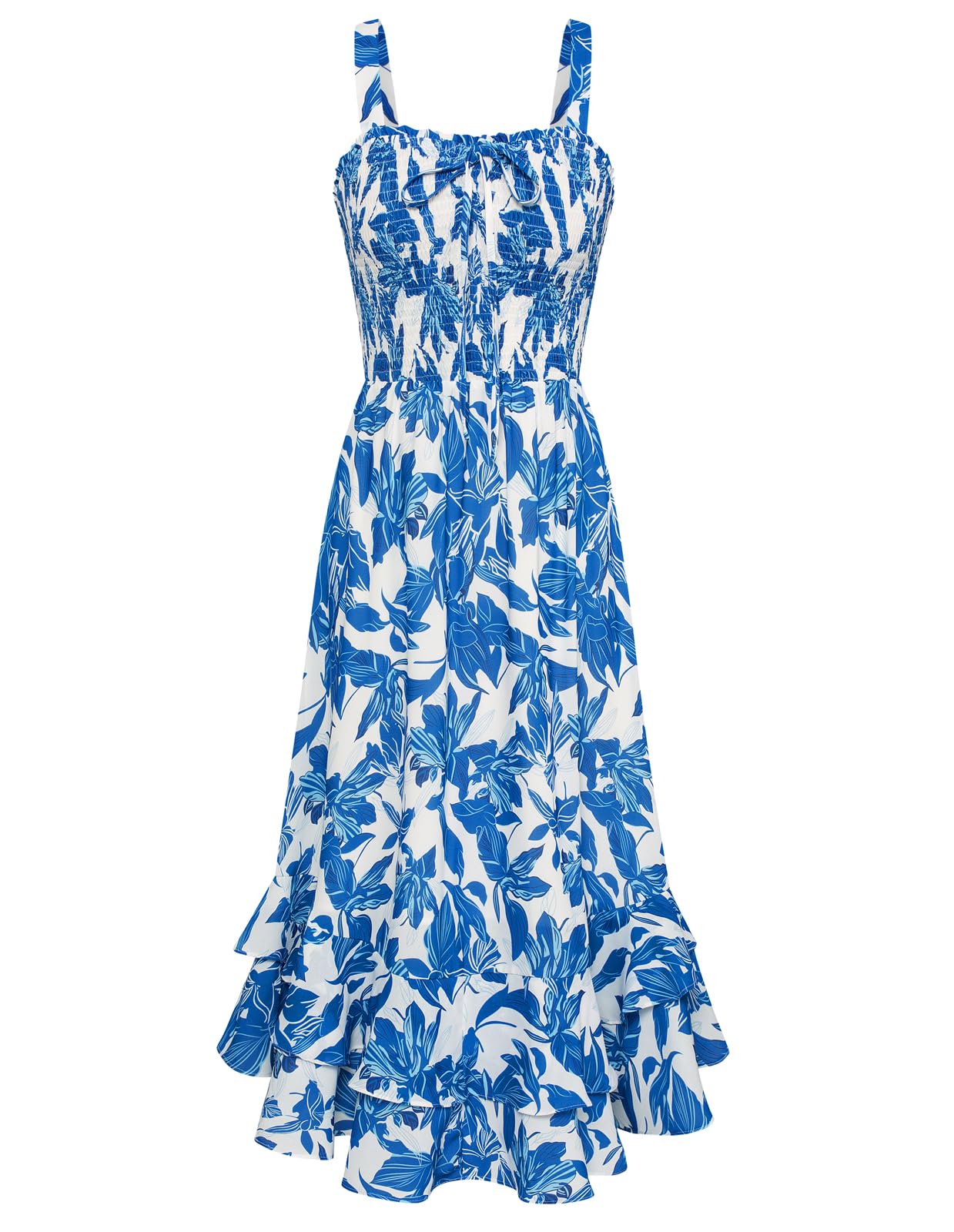 Mildred Robe Maxi Femme – Col Carré Bretelles, Coupe A-Line Smockée & Ourlet Volants Été