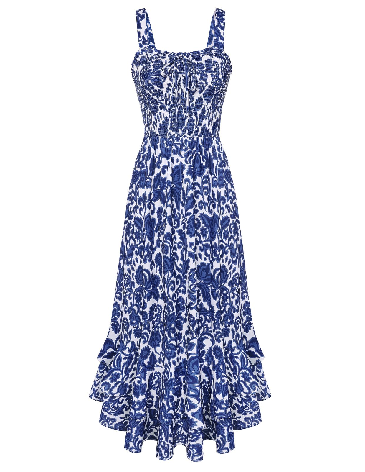 Mildred Robe Maxi Femme – Col Carré Bretelles, Coupe A-Line Smockée & Ourlet Volants Été