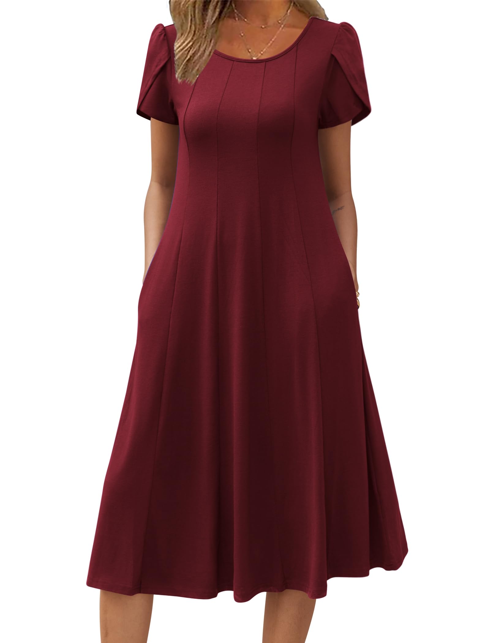 Wella Robe Femme – Sukienka z okrągłym dekoltem, krótkimi rękawami, krojem swing midi i kieszeniami na lato