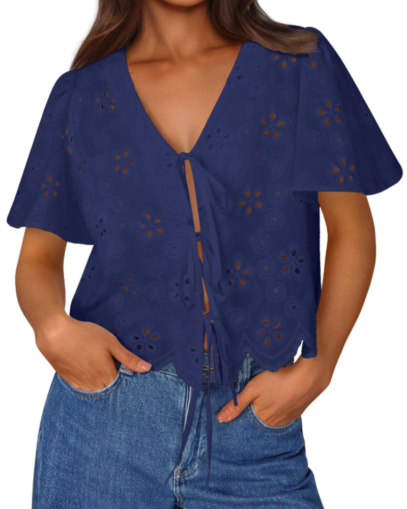 Liora Top Femme Été – Blouse Bohème en Coton Broderie Anglaise avec Nœud, Style Plage Chic