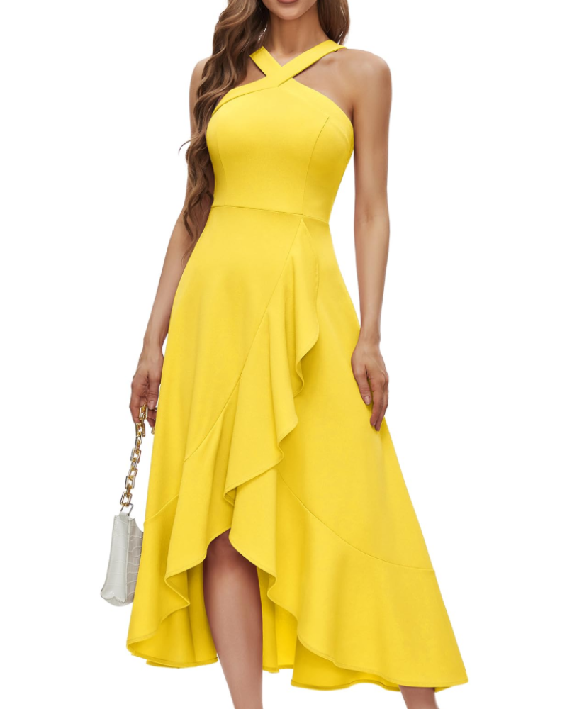 Sabrina Maxi Dress for Women – Evening Dress with Halter, Ruffles, Hi-Low Cut & Chic Elegance