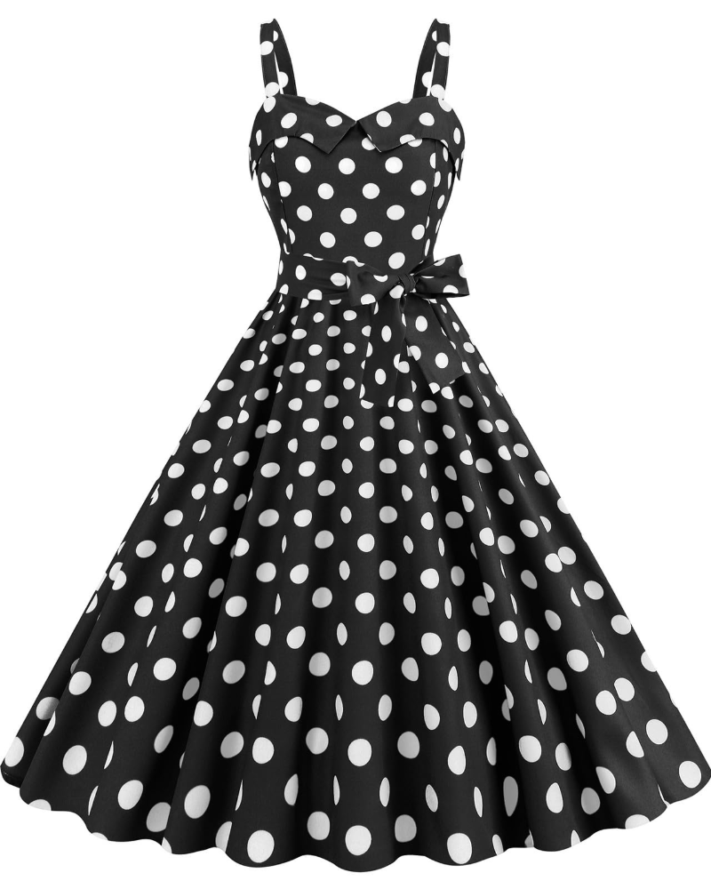 Rosie Robe Femme – Robe Midi Vintage Pois Col V Sans Manches Taille Haute Rockabilly Chic