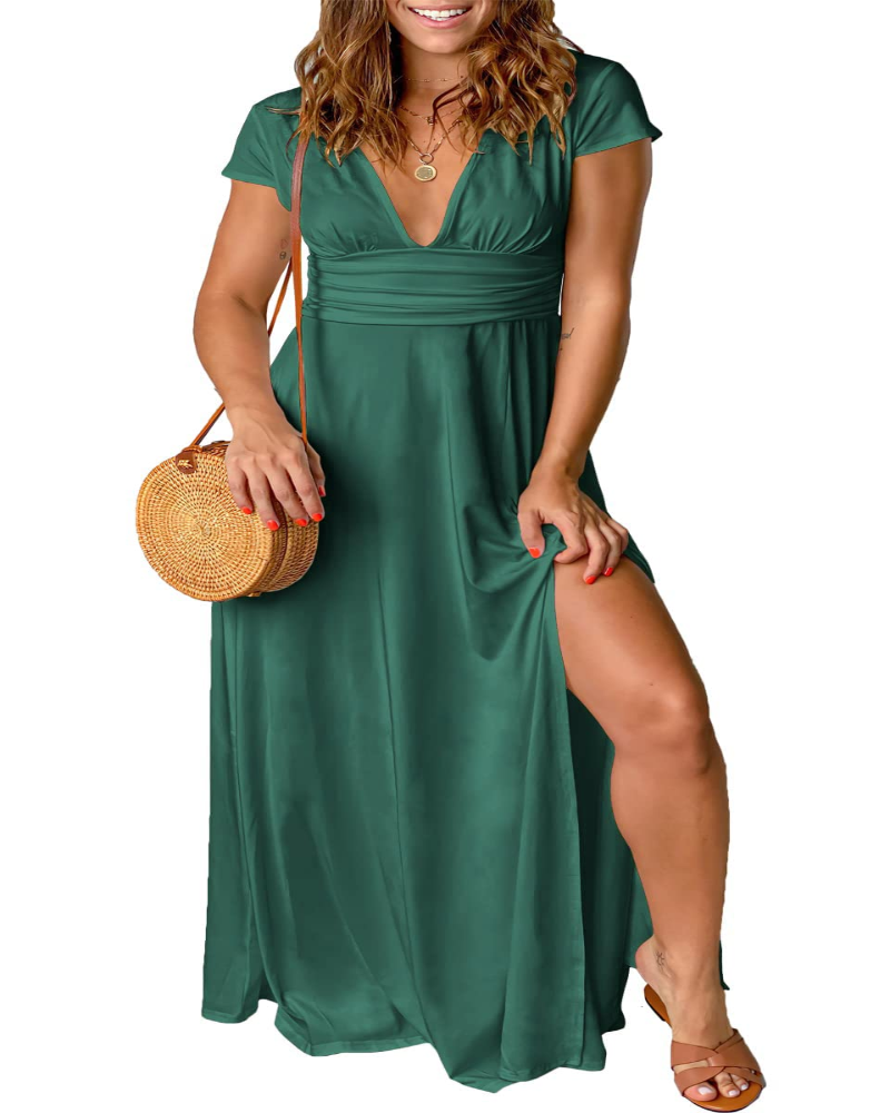 Bertha Robe Longue Femme – Robe Été Col V Taille Haute Coupe A-Line Élégante & Fluide
