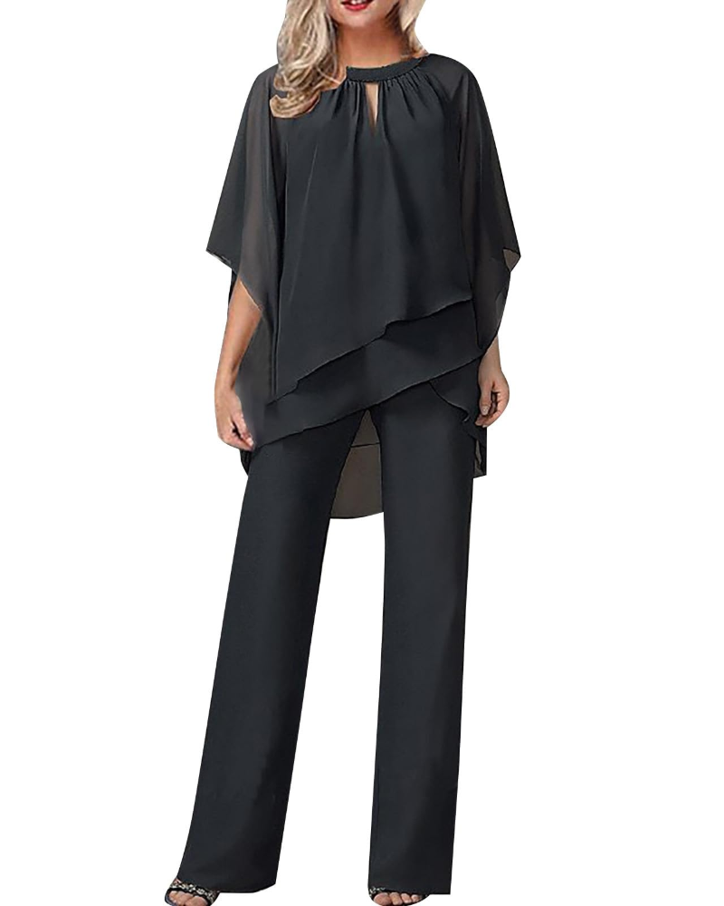 Emma Elegant Kvinde Sæt – Asymmetrisk Top & Flydende Bukser Plus Size
