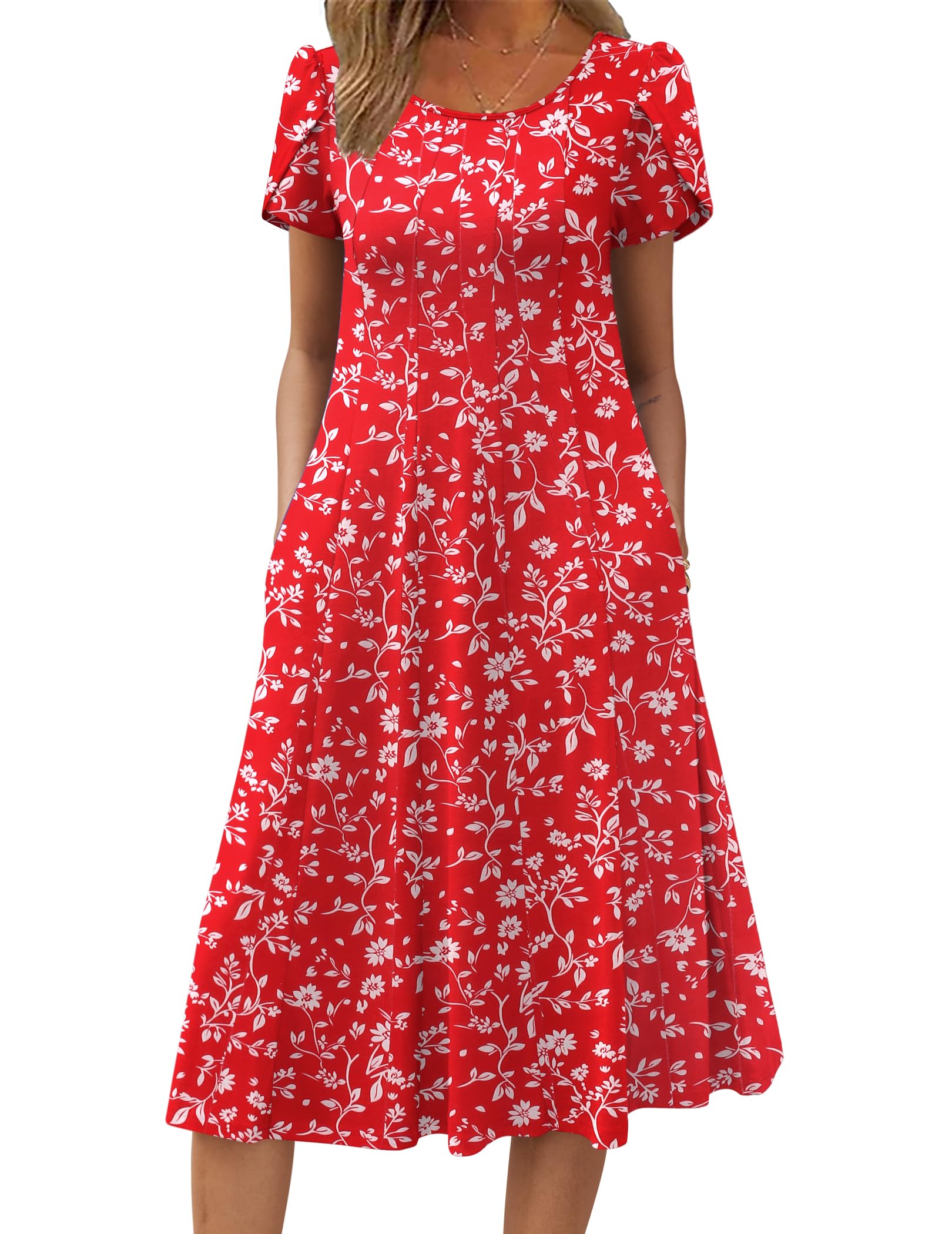 Wella Robe Femme – Sukienka z okrągłym dekoltem, krótkimi rękawami, krojem swing midi i kieszeniami na lato