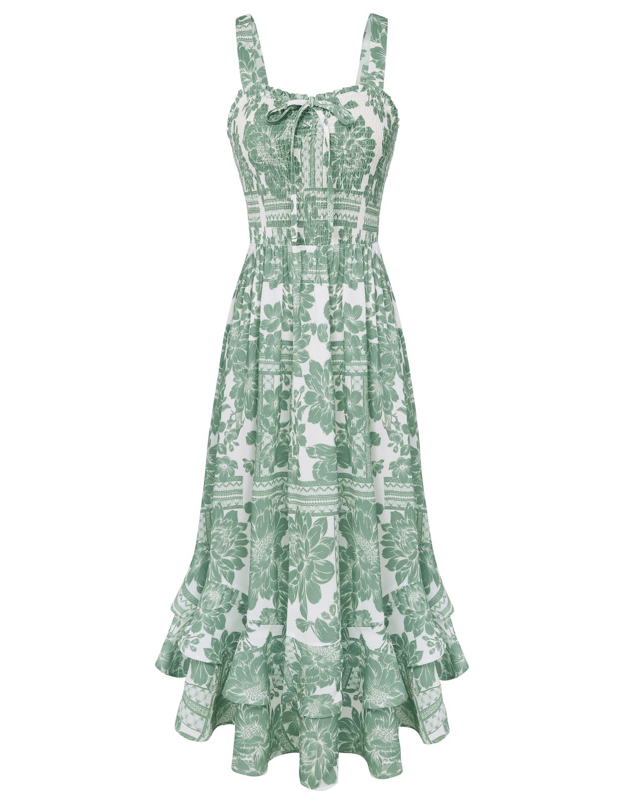 Mildred Robe Maxi Femme – Col Carré Bretelles, Coupe A-Line Smockée & Ourlet Volants Été