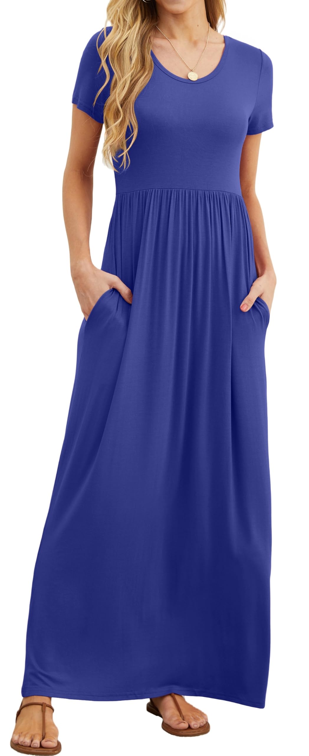 Vestido Maxi Bridget Mulher – Gola Redonda Lisa, Corte Fluido e Cintura Alta com Bolsos Verão