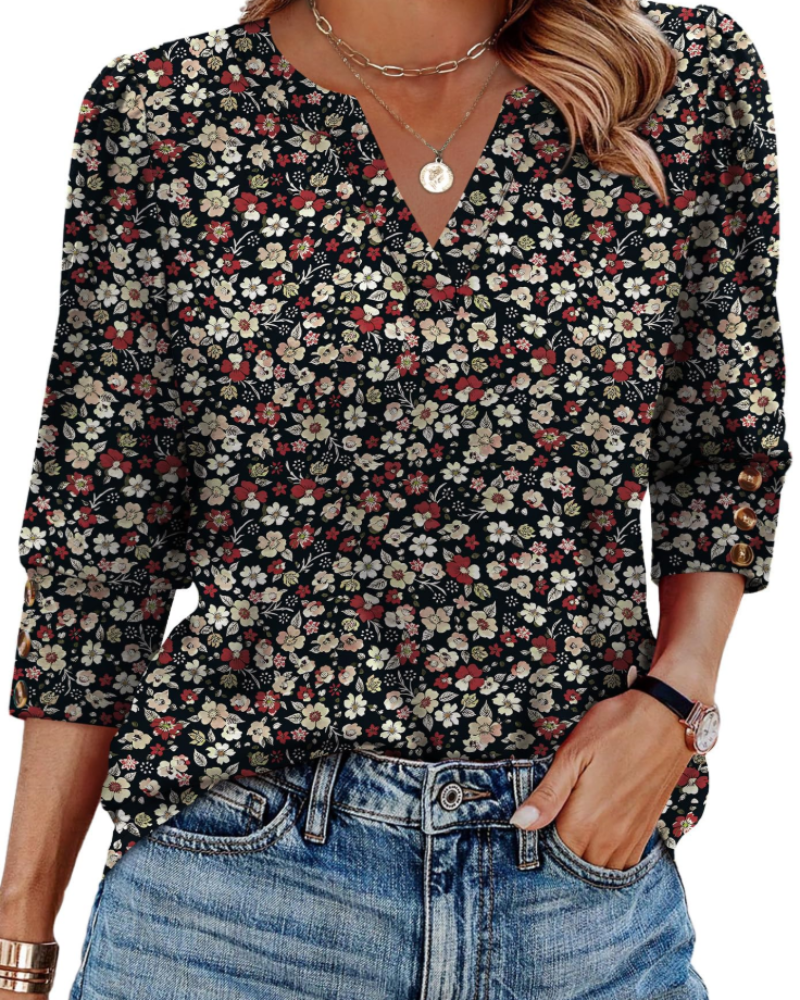 Zeline Damen-Bluse – V-Ausschnitt-Top mit 3/4-Ärmeln, Knöpfen & Business-Casual-Stil