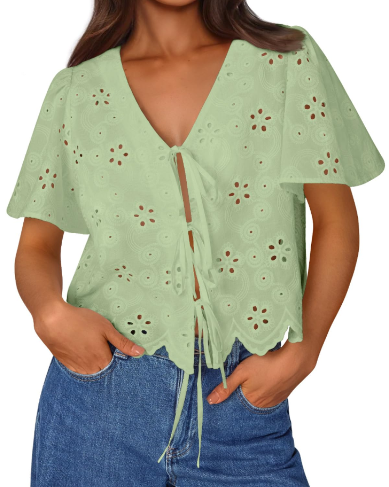 Liora Top Femme Été – Blouse Bohème en Coton Broderie Anglaise avec Nœud, Style Plage Chic