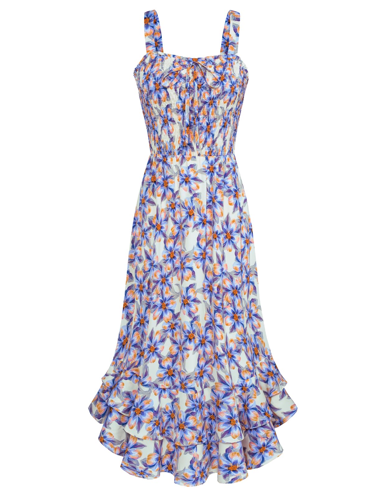 Mildred Robe Maxi Femme – Col Carré Bretelles, Coupe A-Line Smockée & Ourlet Volants Été