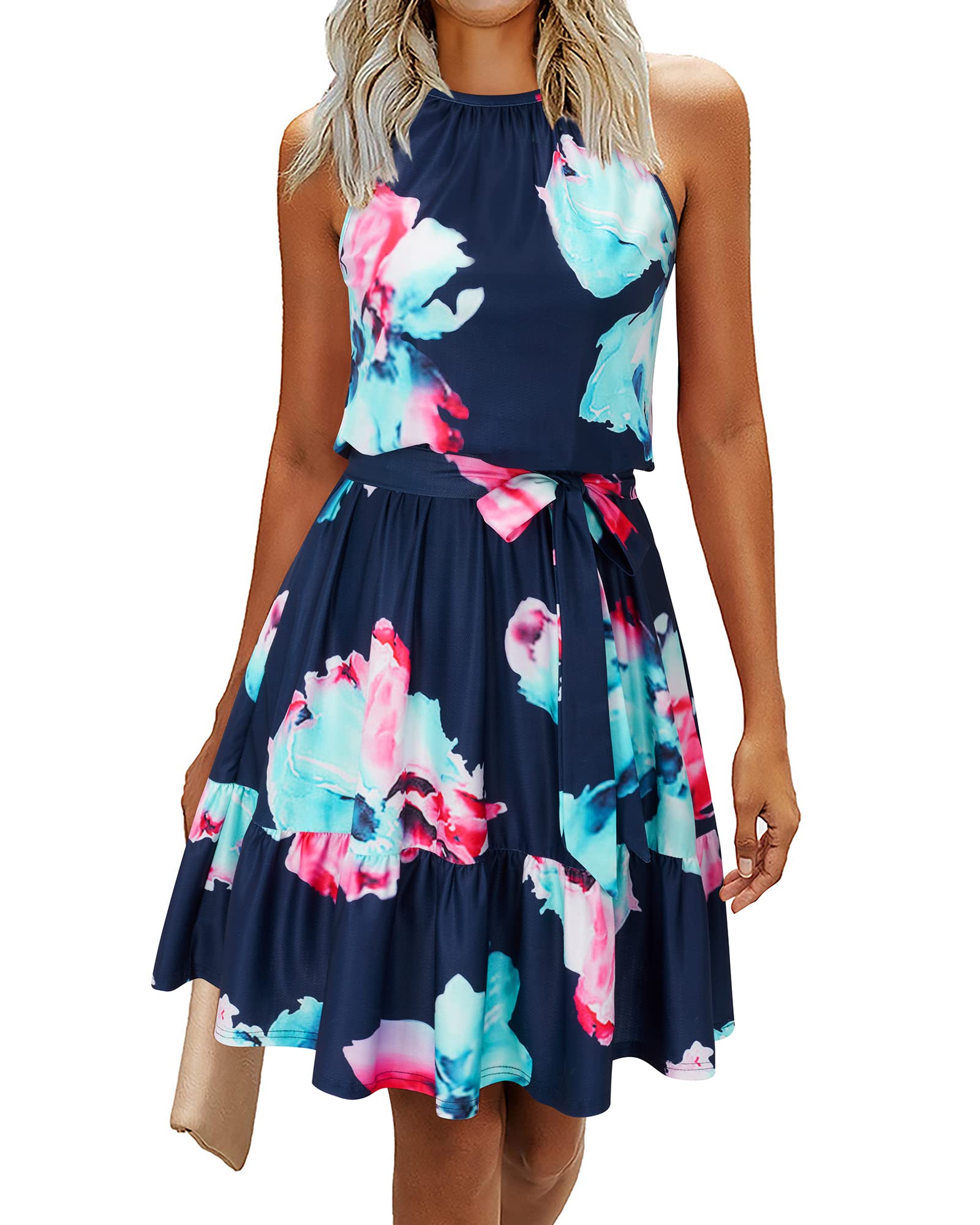 Rosa Robe Femme – Col Halter Sans Manches, Coupe A-Line Midi & Ceinture avec Poches