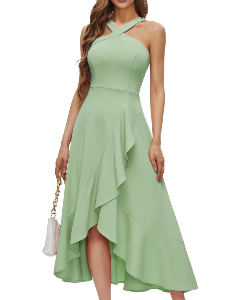 Sabrina Maxi Dress for Women – Evening Dress with Halter, Ruffles, Hi-Low Cut & Chic Elegance