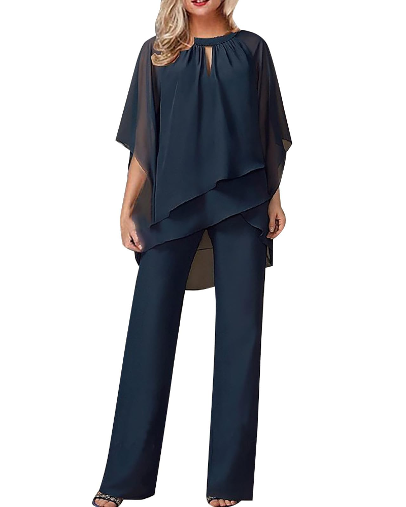 Emma Elegant Kvinde Sæt – Asymmetrisk Top & Flydende Bukser Plus Size