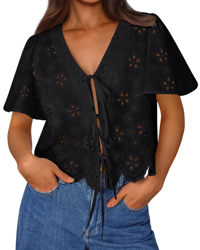 Liora Top Femme Été – Blouse Bohème en Coton Broderie Anglaise avec Nœud, Style Plage Chic