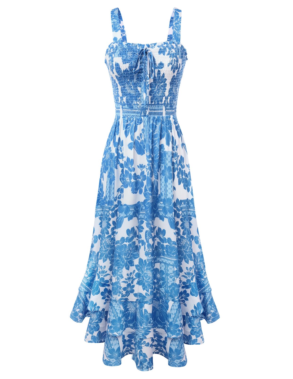 Mildred Robe Maxi Femme – Col Carré Bretelles, Coupe A-Line Smockée & Ourlet Volants Été