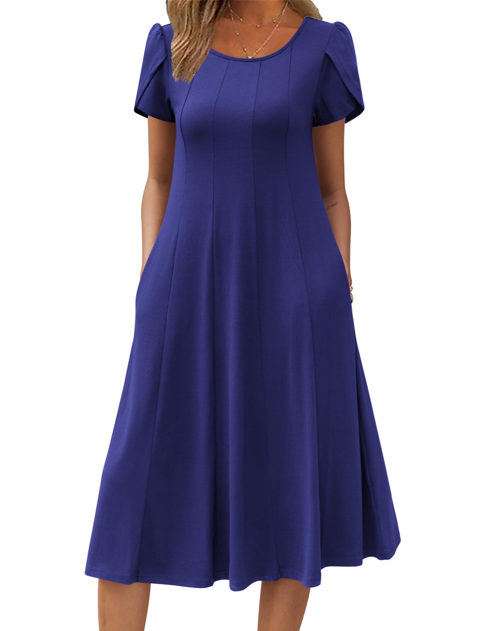 Wella Robe Femme – Sukienka z okrągłym dekoltem, krótkimi rękawami, krojem swing midi i kieszeniami na lato