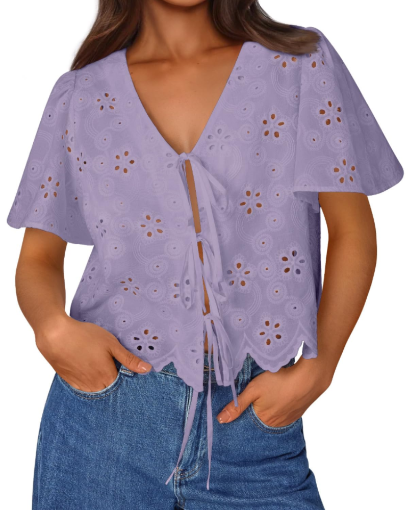 Liora Top Femme Été – Blouse Bohème en Coton Broderie Anglaise avec Nœud, Style Plage Chic