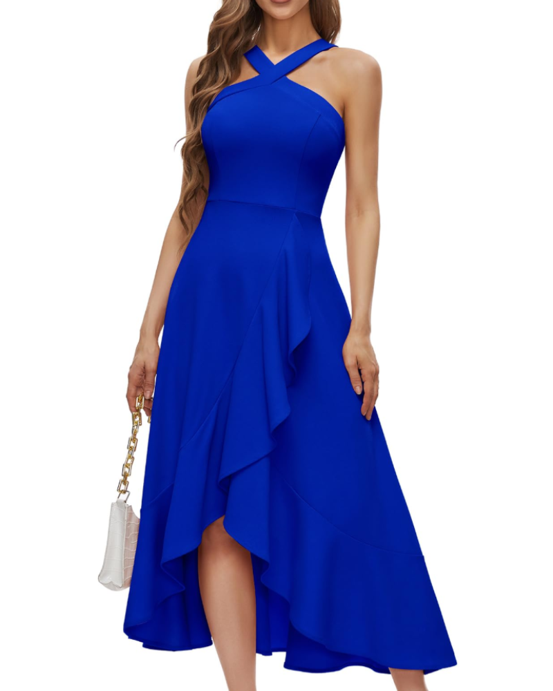 Sabrina Maxi Dress for Women – Evening Dress with Halter, Ruffles, Hi-Low Cut & Chic Elegance