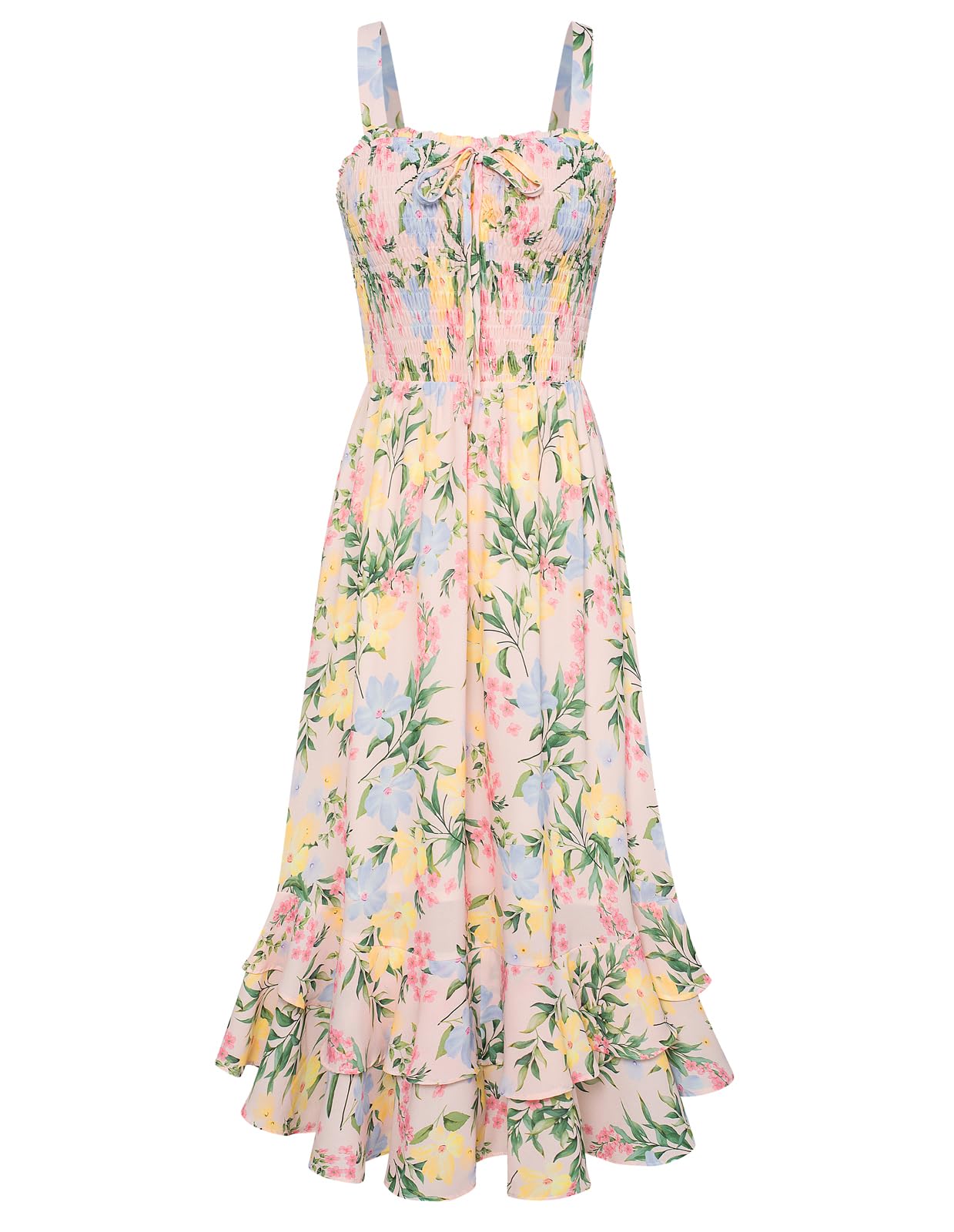 Mildred Robe Maxi Femme – Col Carré Bretelles, Coupe A-Line Smockée & Ourlet Volants Été