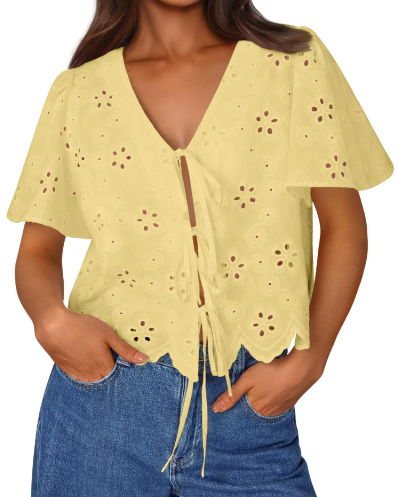 Liora Top Femme Été – Blouse Bohème en Coton Broderie Anglaise avec Nœud, Style Plage Chic