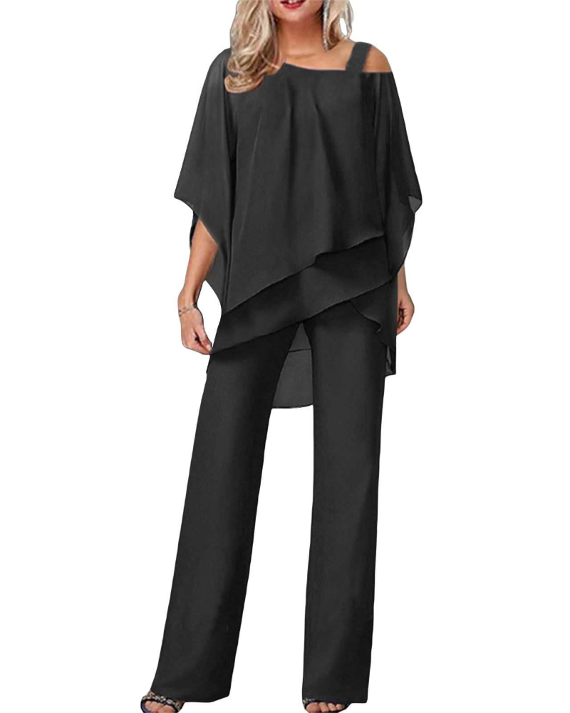Emma Elegant Kvinde Sæt – Asymmetrisk Top & Flydende Bukser Plus Size