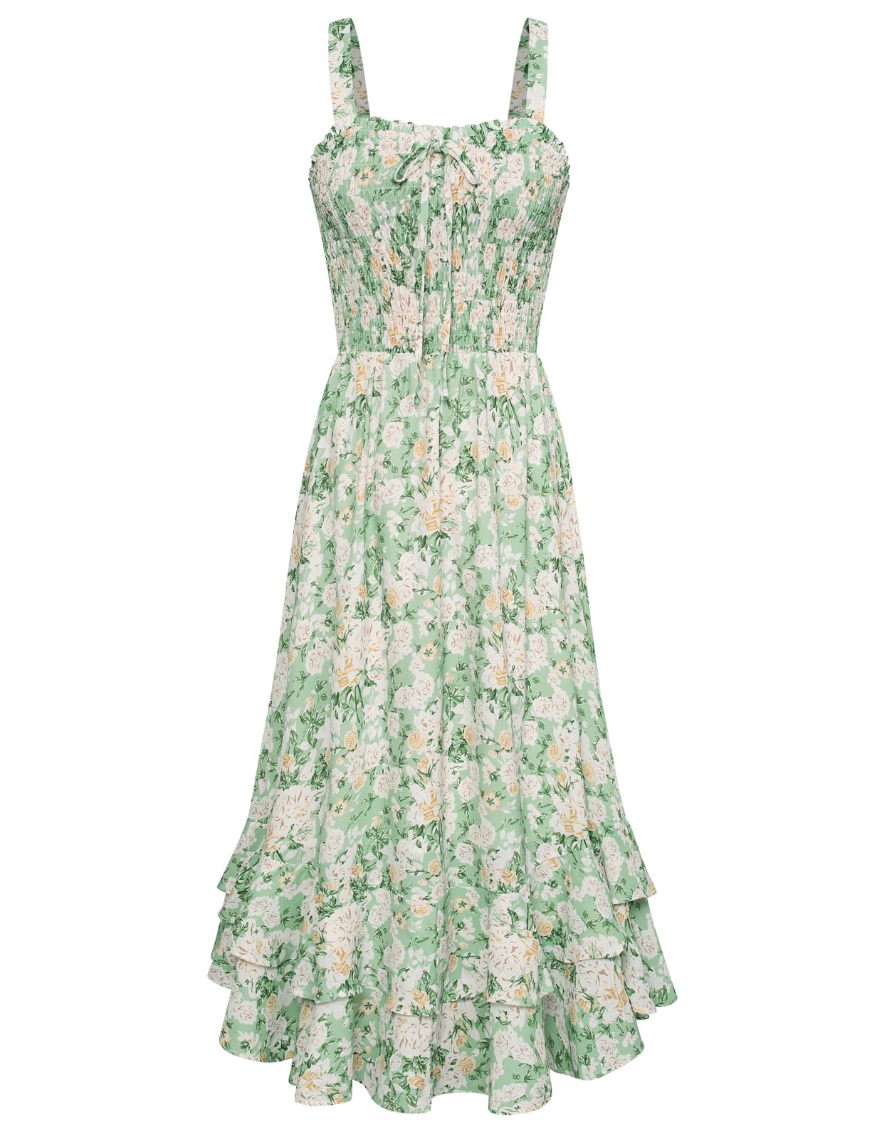 Mildred Robe Maxi Femme – Col Carré Bretelles, Coupe A-Line Smockée & Ourlet Volants Été