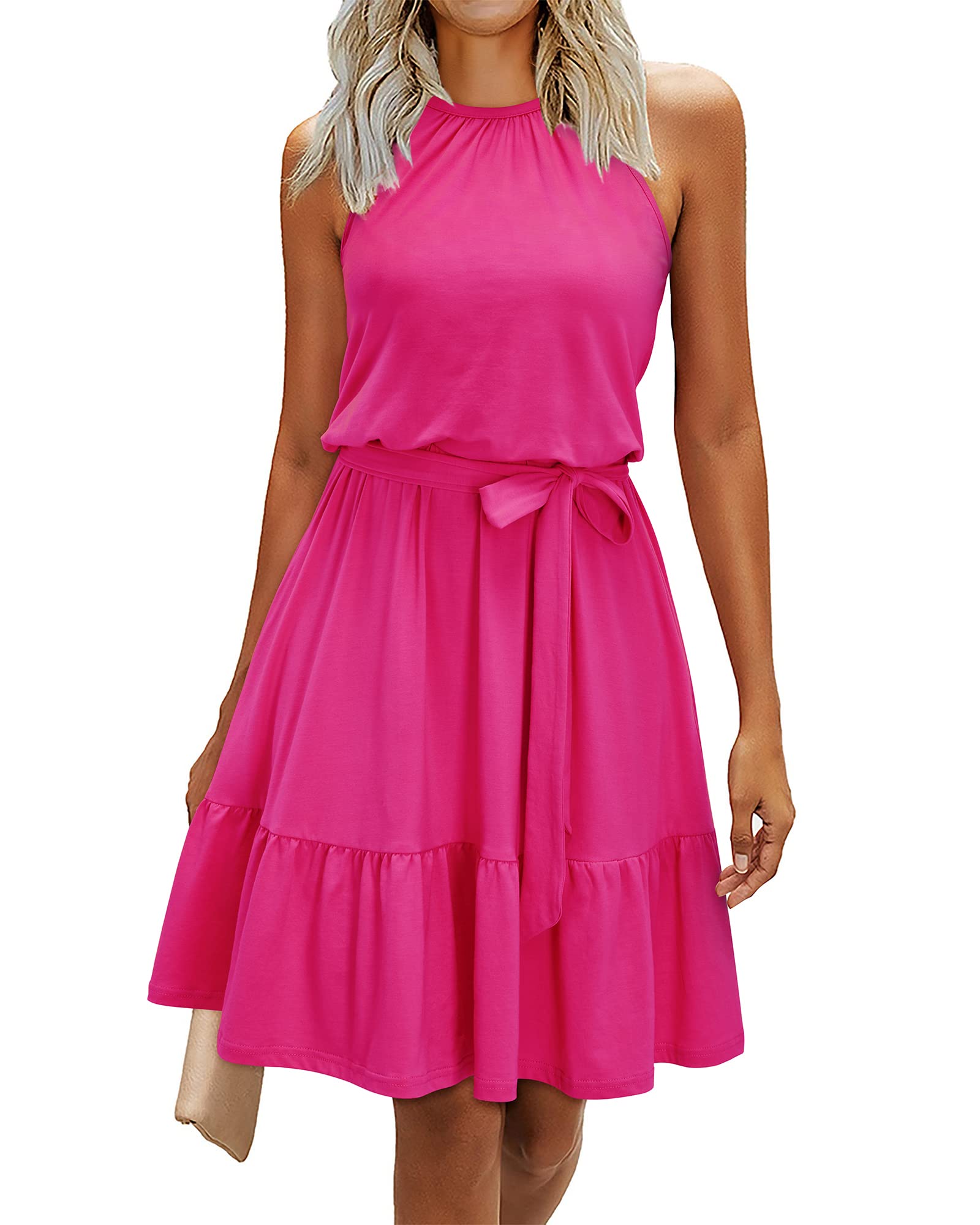 Rosa Robe Femme – Col Halter Sans Manches, Coupe A-Line Midi & Ceinture avec Poches