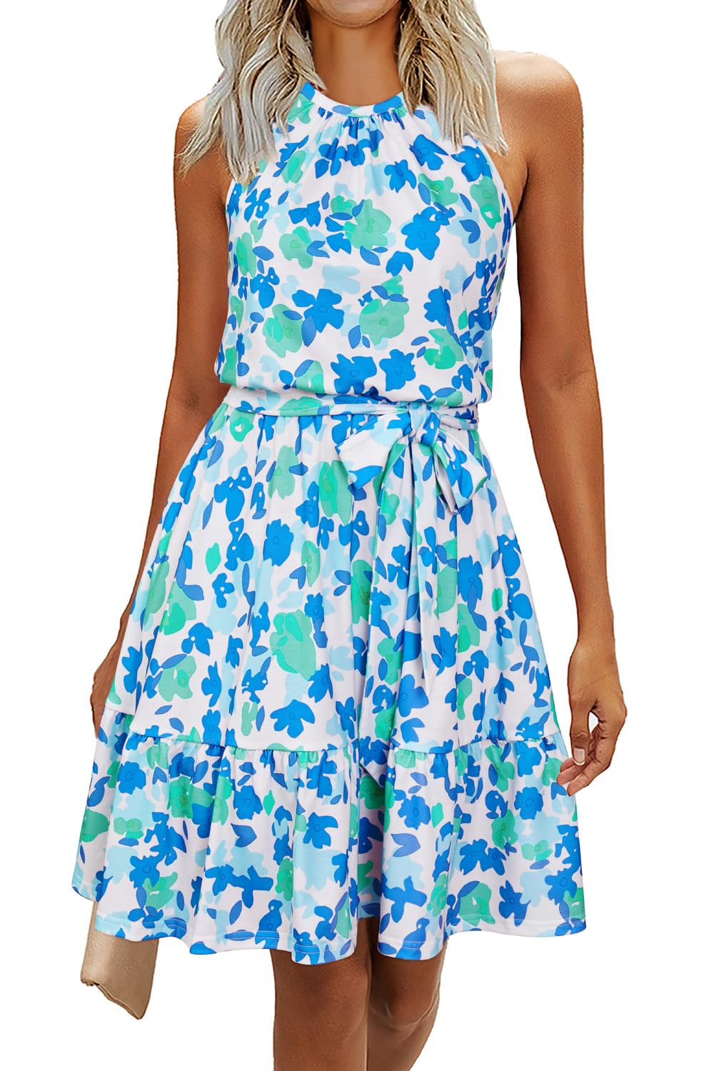 Rosa Robe Femme – Col Halter Sans Manches, Coupe A-Line Midi & Ceinture avec Poches