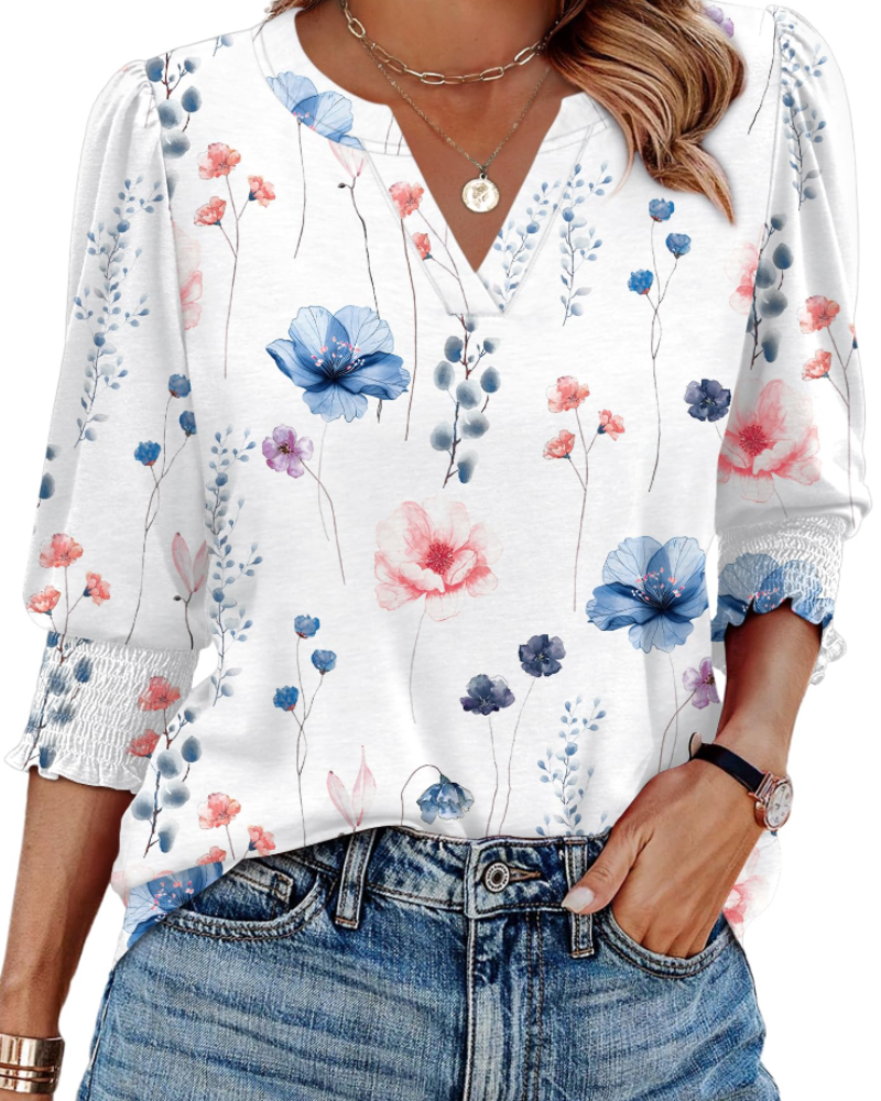 Blusa Veda Mulher – Top com Decote em V, Mangas 3/4 Bufantes e Punhos Fruncidos Chic