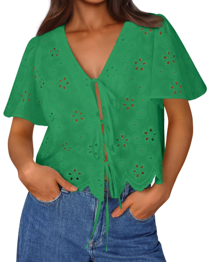 Liora Top Femme Été – Blouse Bohème en Coton Broderie Anglaise avec Nœud, Style Plage Chic