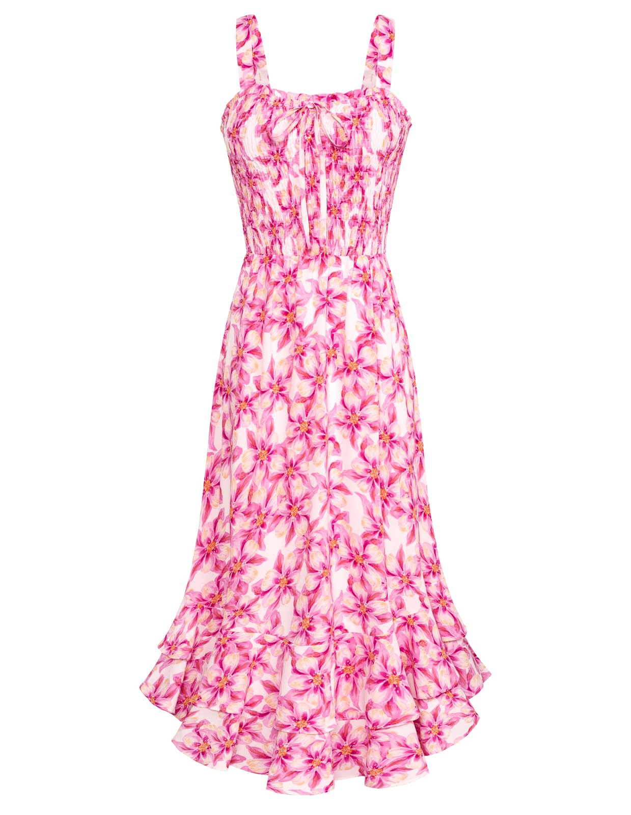 Mildred Robe Maxi Femme – Col Carré Bretelles, Coupe A-Line Smockée & Ourlet Volants Été