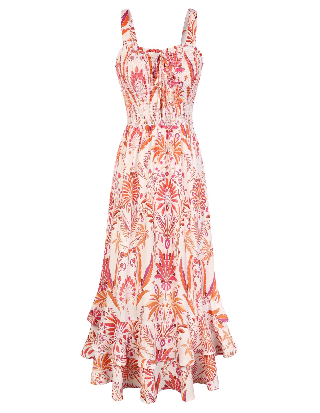 Mildred Robe Maxi Femme – Col Carré Bretelles, Coupe A-Line Smockée & Ourlet Volants Été