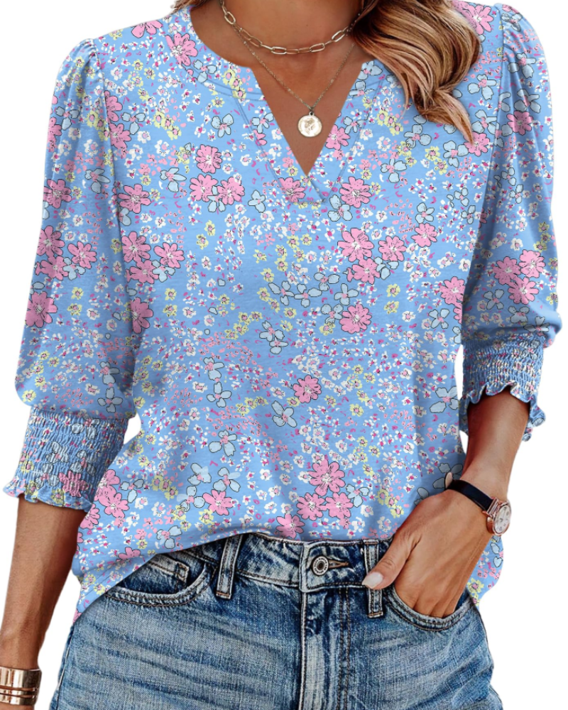 Blusa Veda Mulher – Top com Decote em V, Mangas 3/4 Bufantes e Punhos Fruncidos Chic
