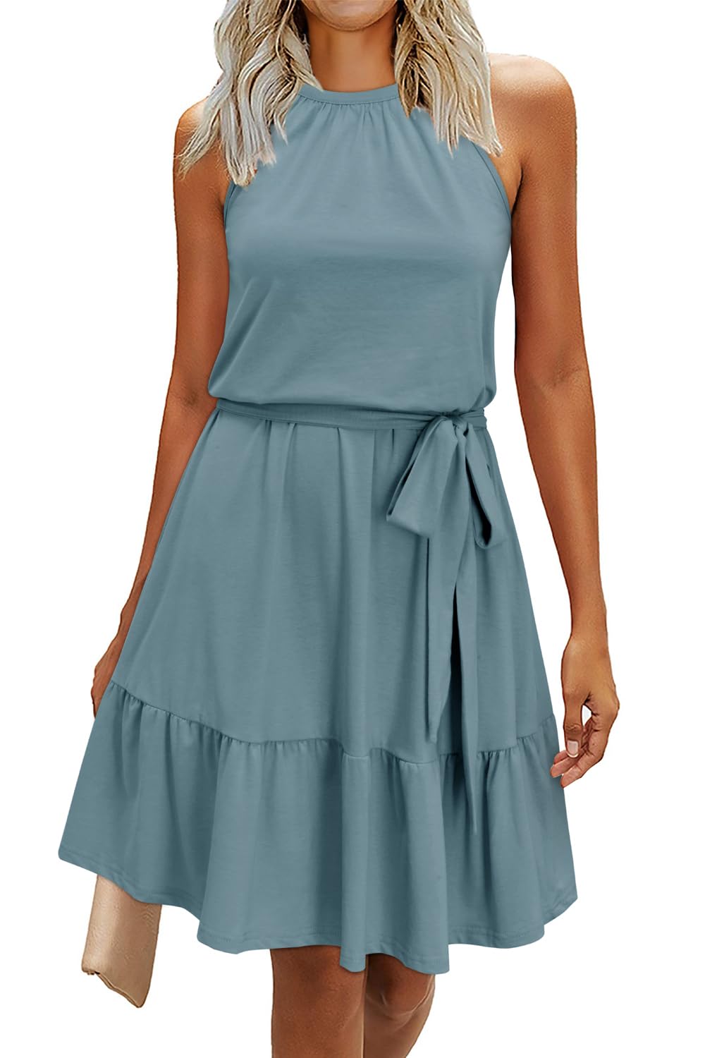 Rosa Robe Femme – Col Halter Sans Manches, Coupe A-Line Midi & Ceinture avec Poches