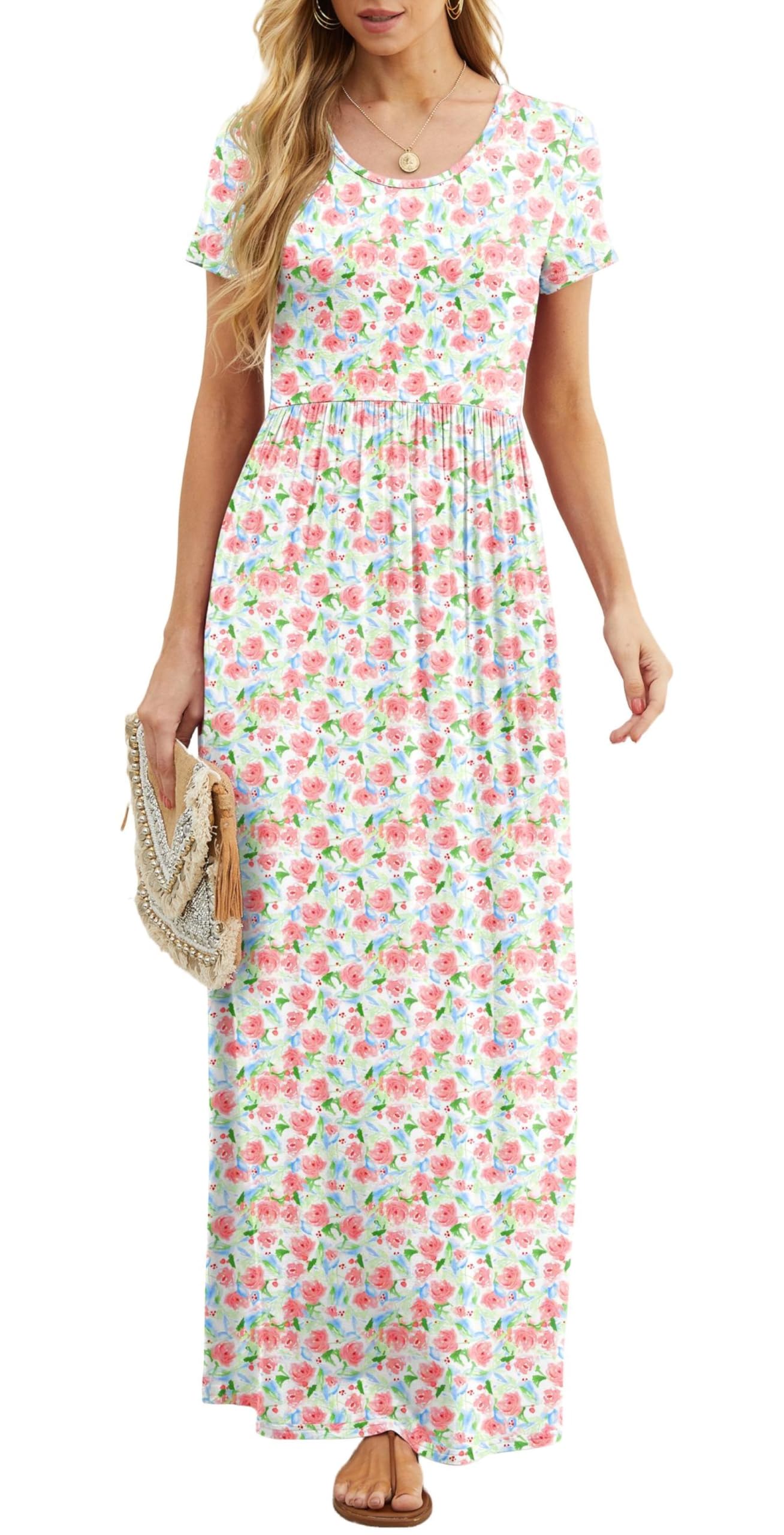 Vestido Maxi Bridget Mulher – Gola Redonda Lisa, Corte Fluido e Cintura Alta com Bolsos Verão