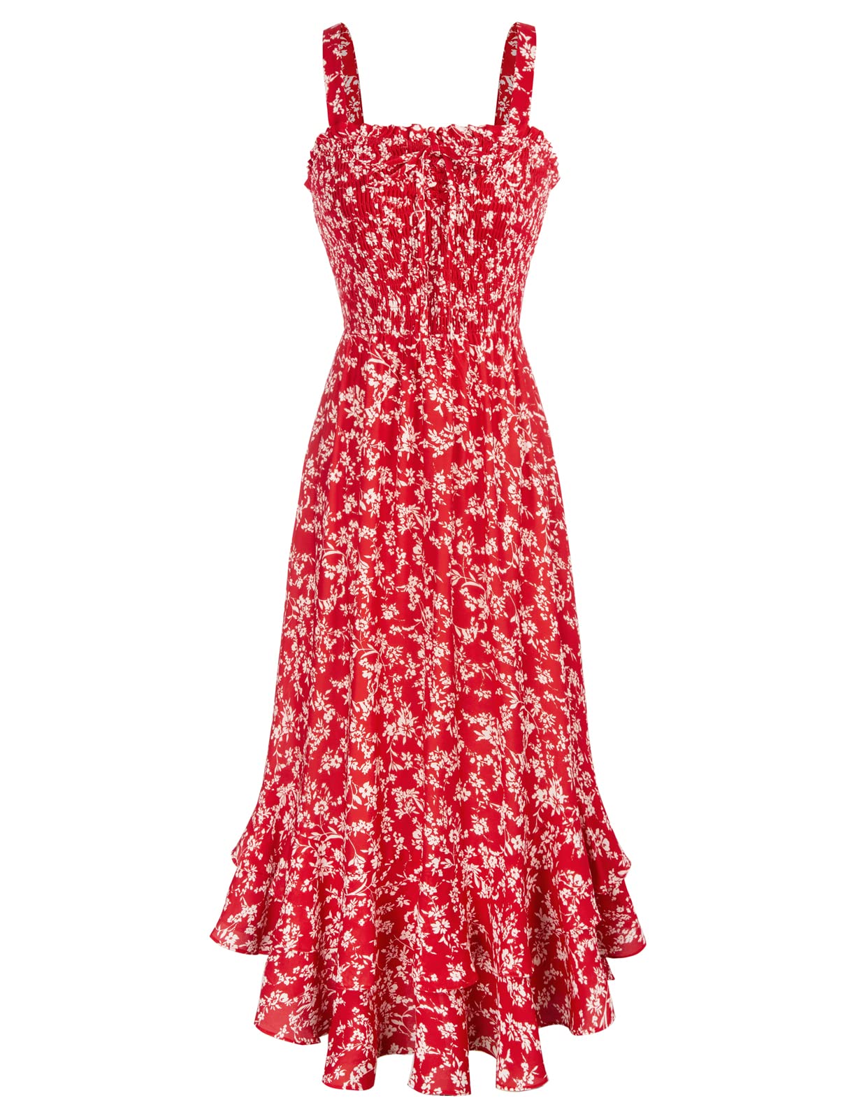 Mildred Robe Maxi Femme – Col Carré Bretelles, Coupe A-Line Smockée & Ourlet Volants Été