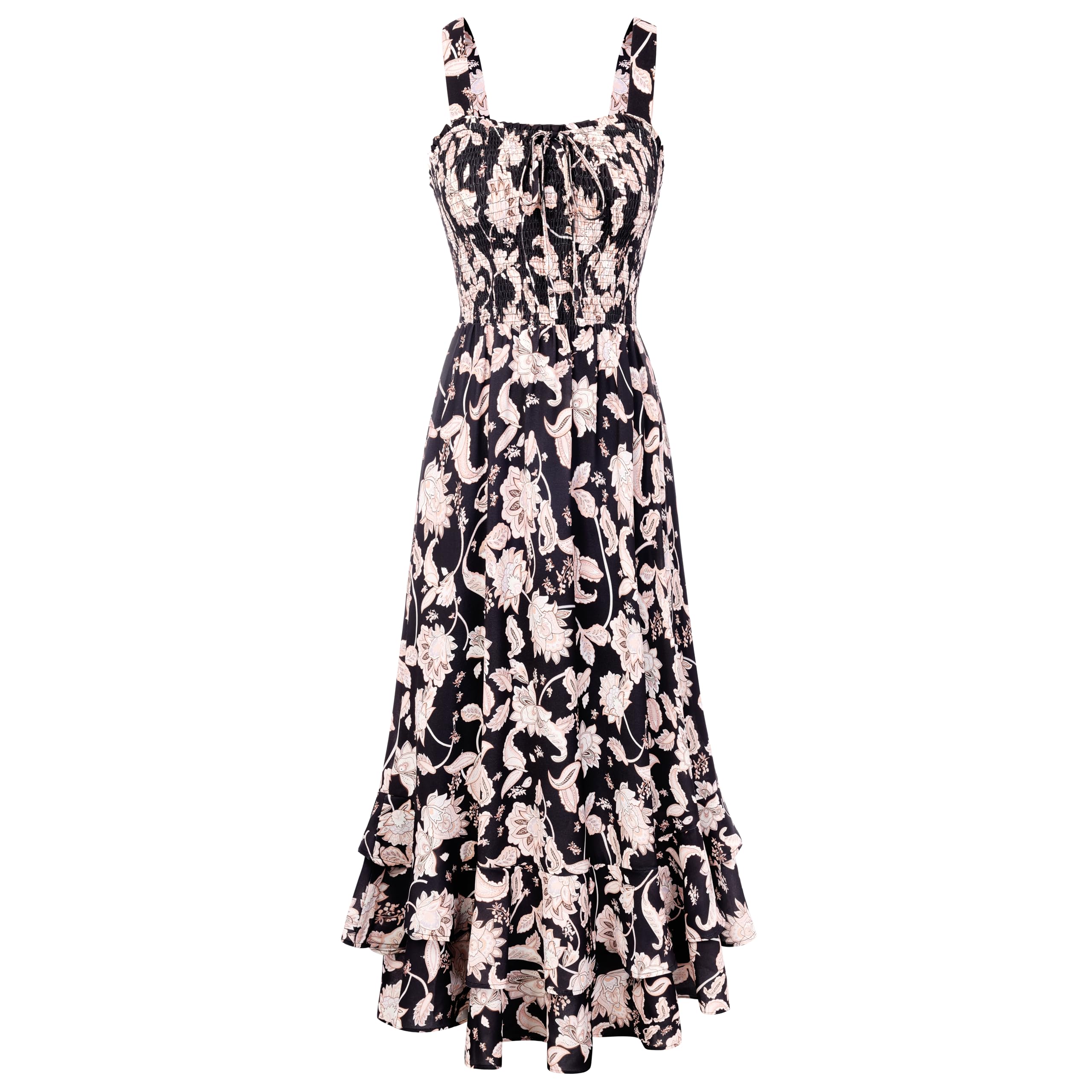 Mildred Robe Maxi Femme – Col Carré Bretelles, Coupe A-Line Smockée & Ourlet Volants Été