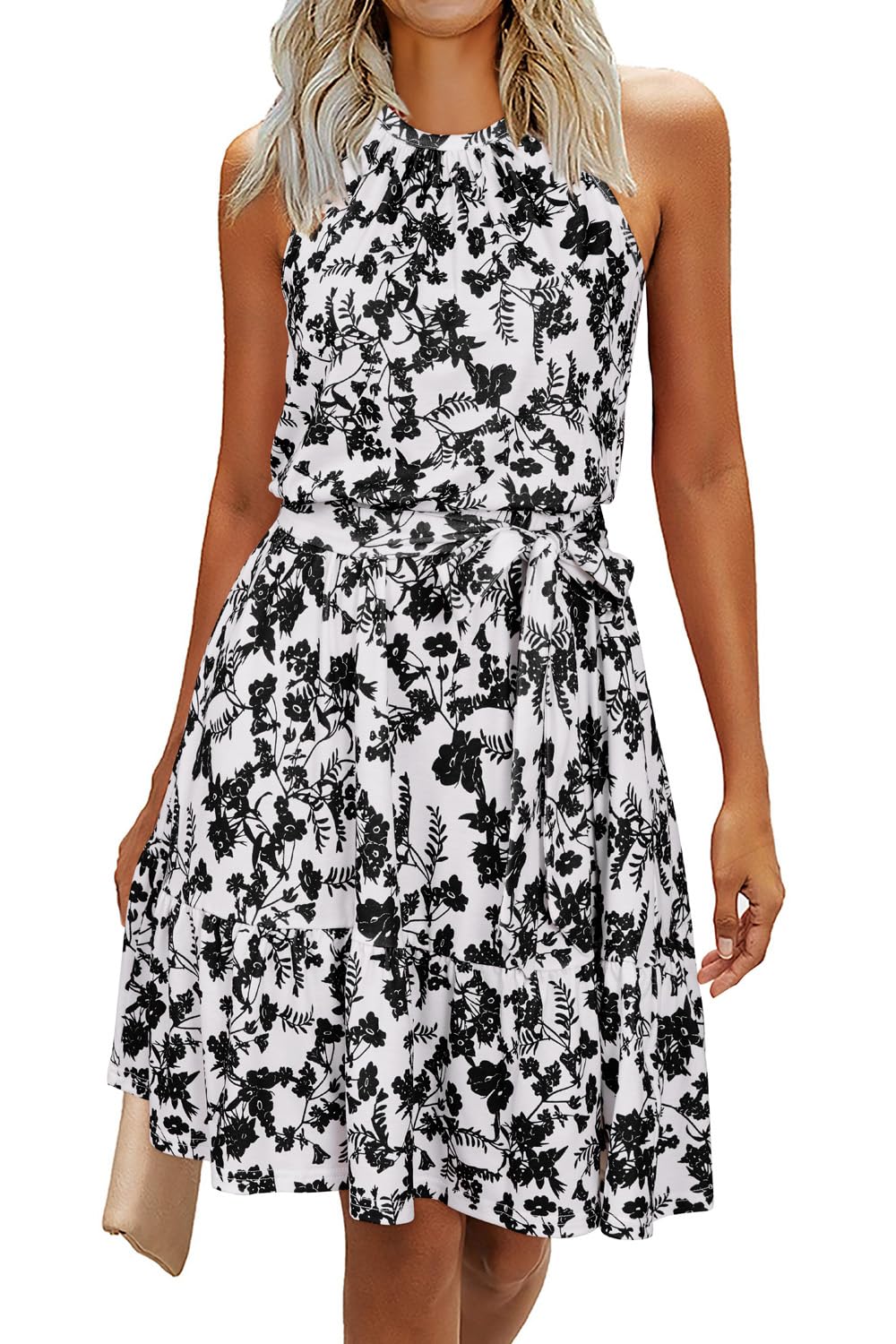 Rosa Robe Femme – Col Halter Sans Manches, Coupe A-Line Midi & Ceinture avec Poches