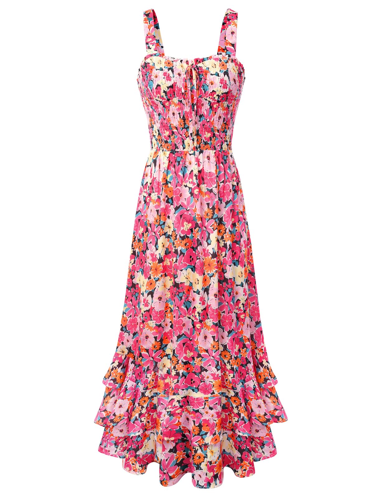 Mildred Robe Maxi Femme – Col Carré Bretelles, Coupe A-Line Smockée & Ourlet Volants Été