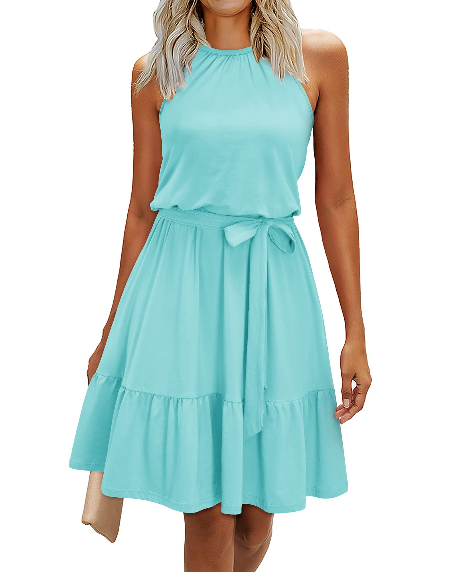 Rosa Robe Femme – Col Halter Sans Manches, Coupe A-Line Midi & Ceinture avec Poches