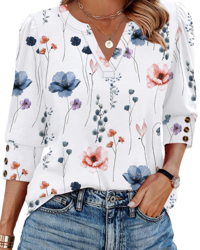 Zeline Damen-Bluse – V-Ausschnitt-Top mit 3/4-Ärmeln, Knöpfen & Business-Casual-Stil